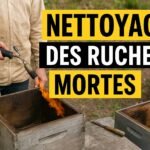 Un apiculteur en tenue utilise un chalumeau pour nettoyer une ruche vide avec une flamme, dans une ferme au printemps.